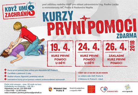 Kurzy první pomoci, 19., 24. a 26. dubna 2018, velký sál ÚMČ Praha 8