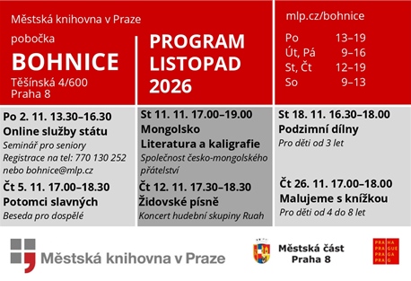 Městská knihovna v Praze, pobočka Bohnice, program listopad 2026