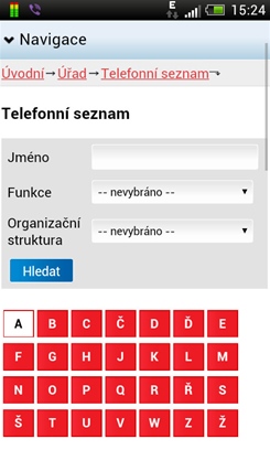 Mobilní verze – na seznam nejen telefonních kontaktů se dostanete kdykoli kliknutím na tlačítko Kontakty umístěné v pravém horním rohu stránek